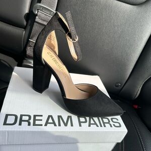 Dream Pairs Black Suede Pointed Toe Ankle Strap Block Heel